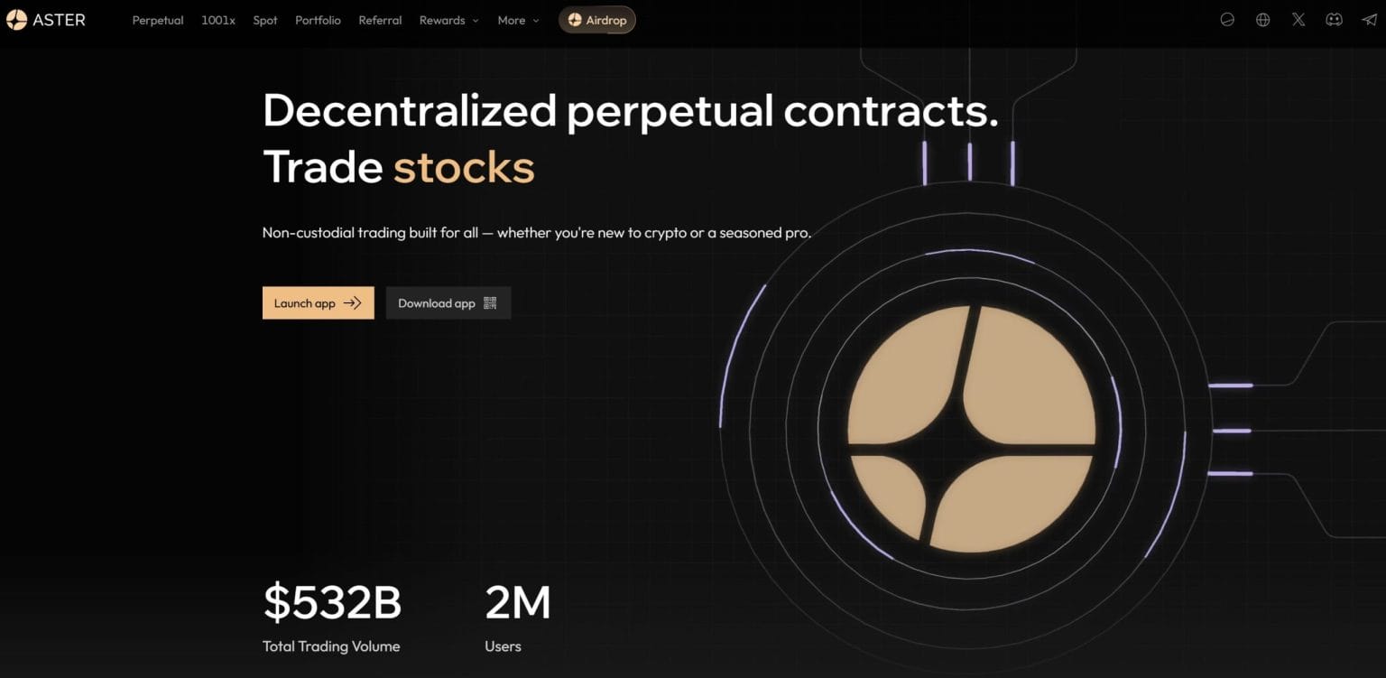 Aperçu de la plateforme Aster avec interface de trading et explication des bonus