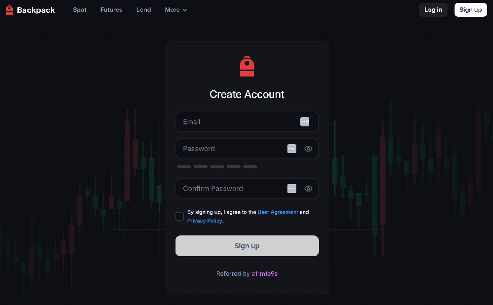 Écran d'accueil Backpack Exchange avec champ de code de parrainage