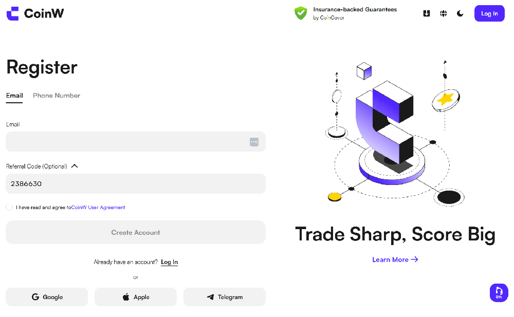 Champ de saisie du code de parrainage CoinW lors de l'inscription