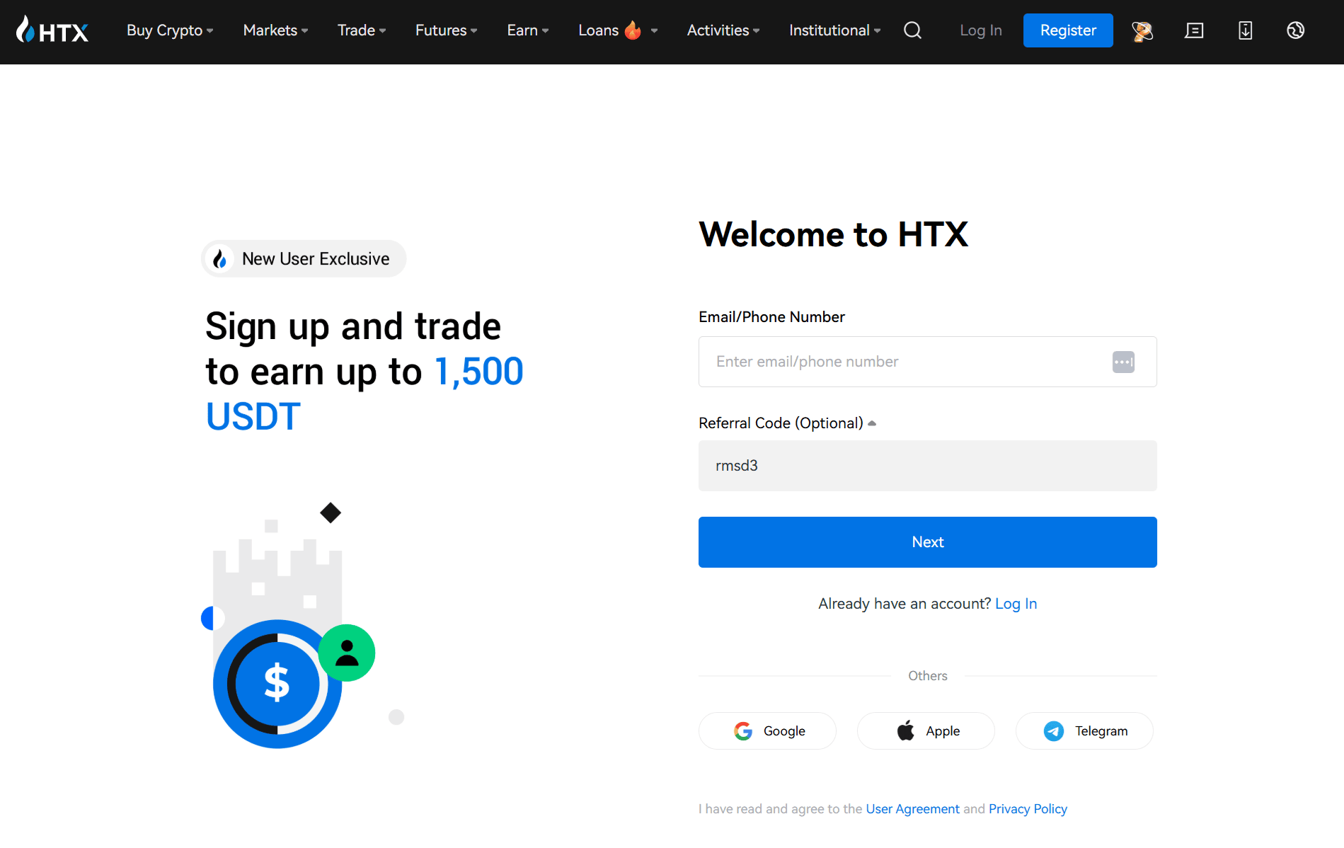 Code de parrainage HTX saisi lors de l'inscription