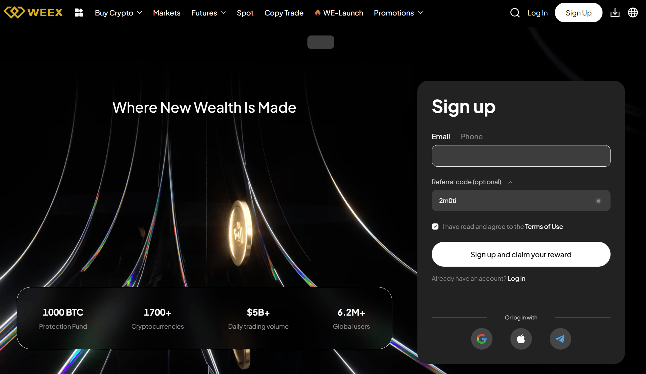 Code de parrainage WEEX saisi lors de l'inscription