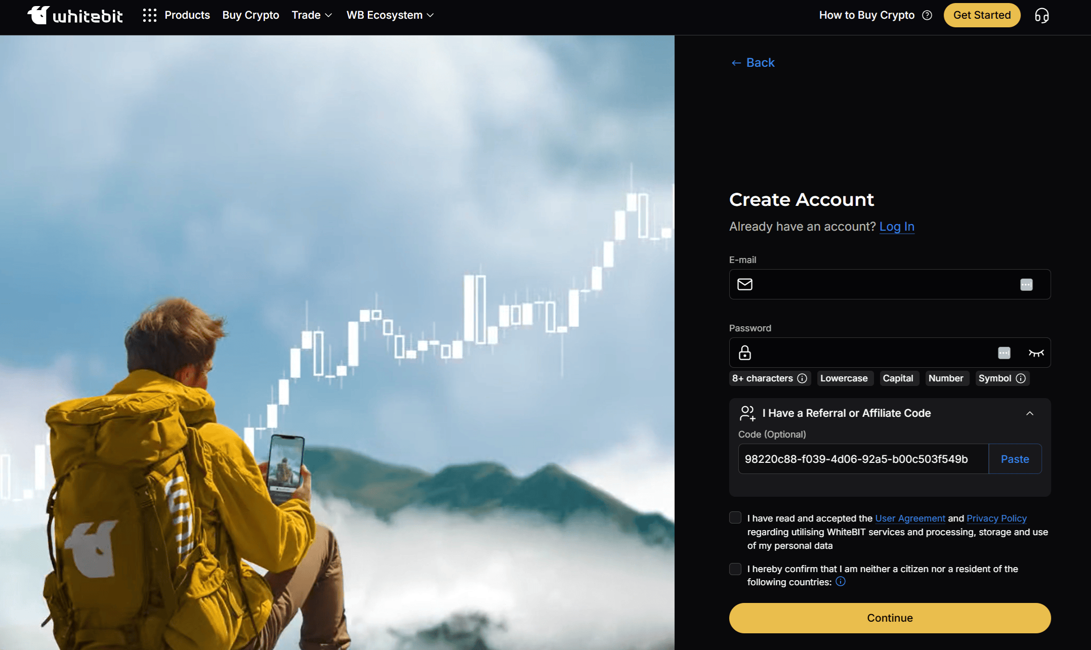 Code de parrainage WhiteBIT saisi lors de l'inscription