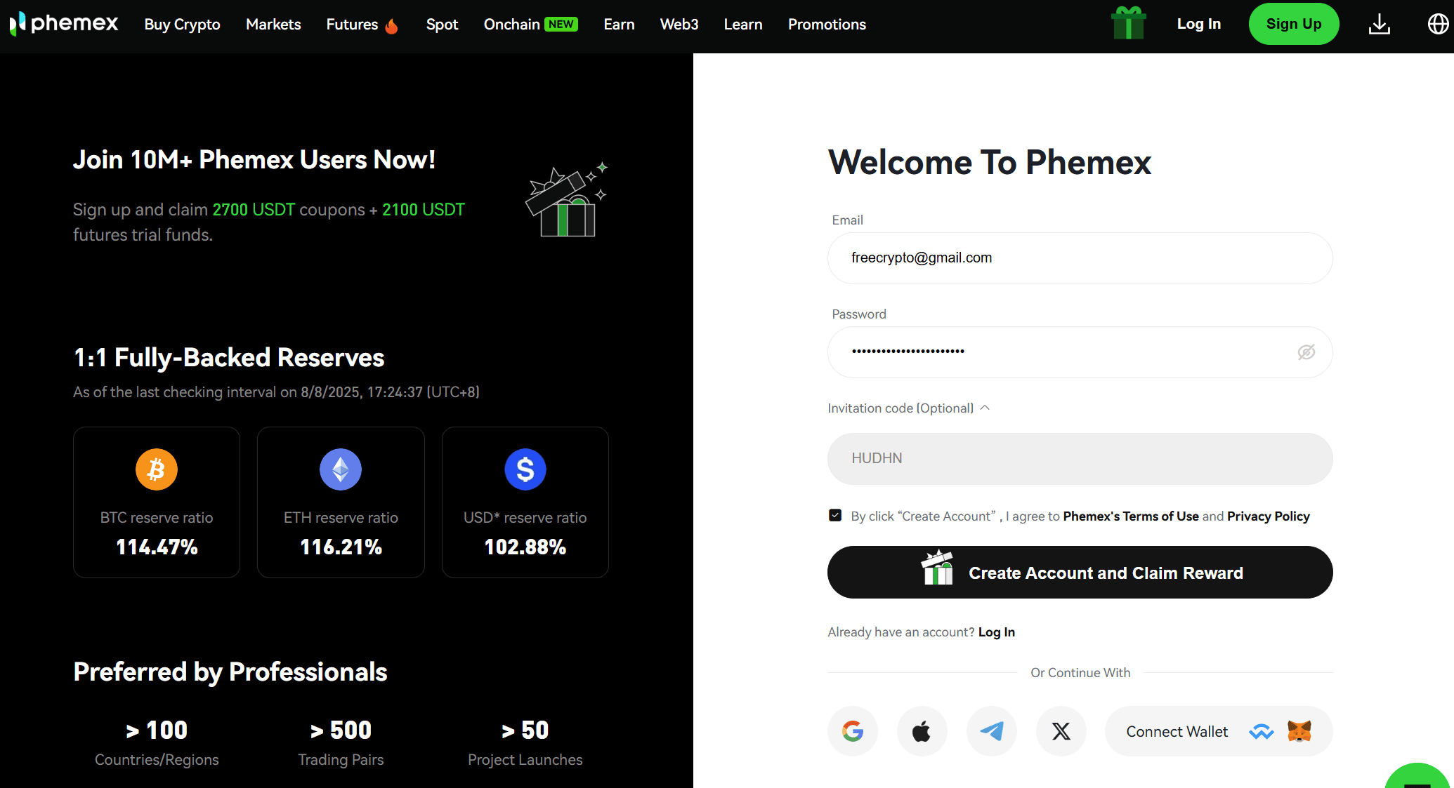 Code d'invitation Phemex saisi