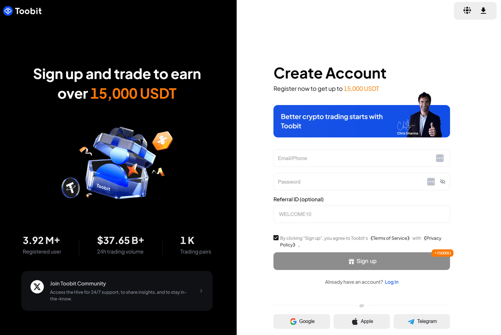 Inscription Toobit avec champ de saisie de l'ID de parrainage